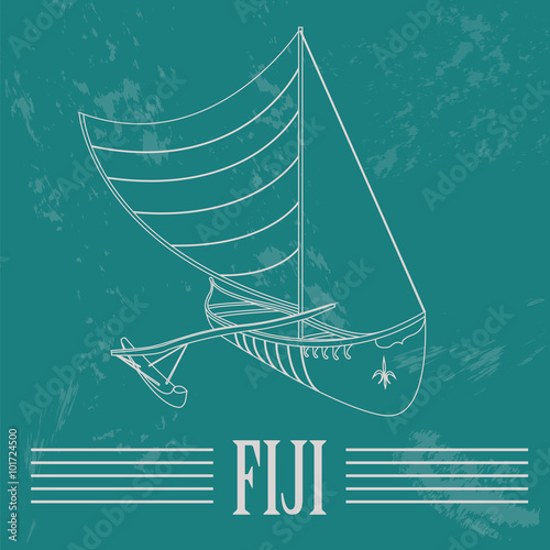 Fiji. Fijian canoeing. Retro styled image