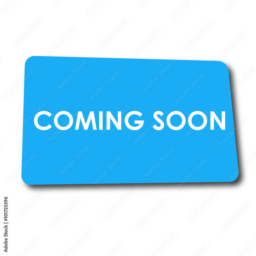 Icono plano COMING SOON en rectangulo azul con sombra Icono plano COMING SOON en rectangulo azul con sombra