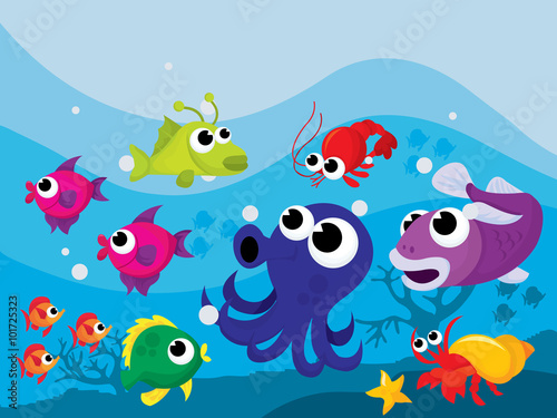 Fototapeta Naklejka Na Ścianę i Meble -  Colorful Cartoon Sea Creatures
