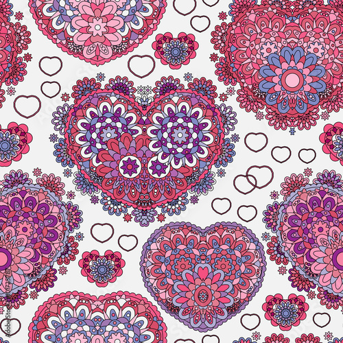 Seamless lace pattern of heart signs. Vintage, curled, swirl texture. Twist floral ornament of laurel leaves. Lilac vioet rose figure on white background. Love, birthday, Valentine day, sale. Vector