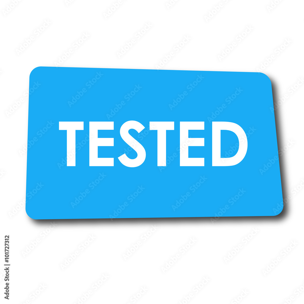 Icono plano TESTED en rectangulo azul con sombra Icono plano TESTED en rectangulo azul con sombra