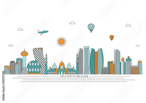 Abu Dhabi detailed skyline. Travel and tourism background. Vector background. line illustration. Line art style