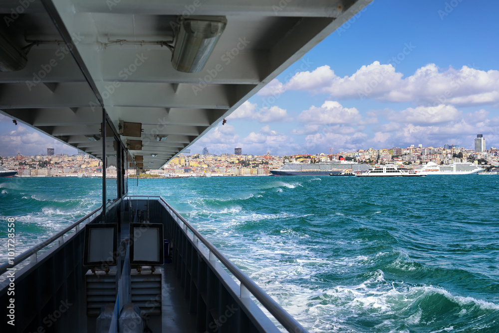 View from the ship to the Old city of Istanbul with reflection