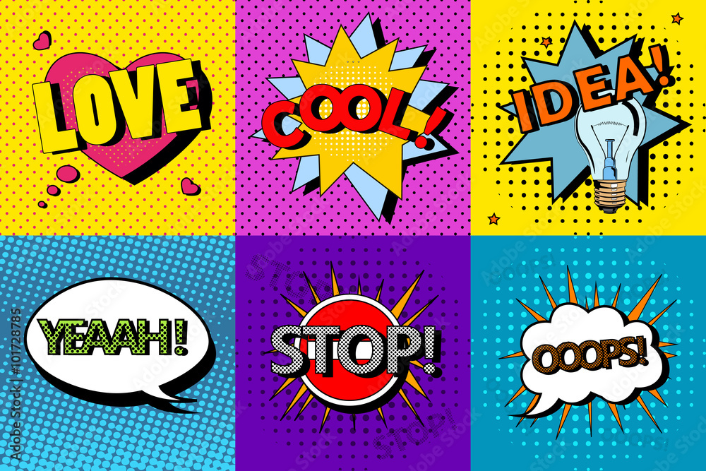 Vector set of comic speech bubbles in pop art style. Design elements, text clouds, message templates