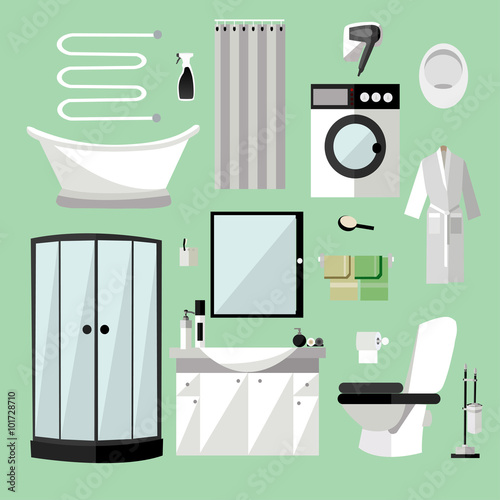 Bathroom interior furniture. Vector illustration in flat style. Design elements, bathtub, washing machine, shower cubicle