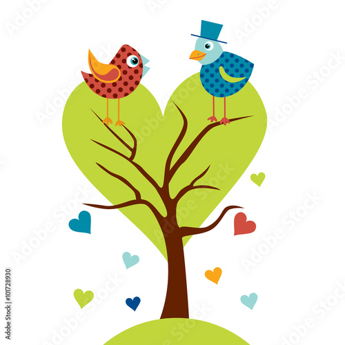 Cute birds in love tree llustration. Stylized happy cartoon animal. Flat vector illustration. Child Color design.