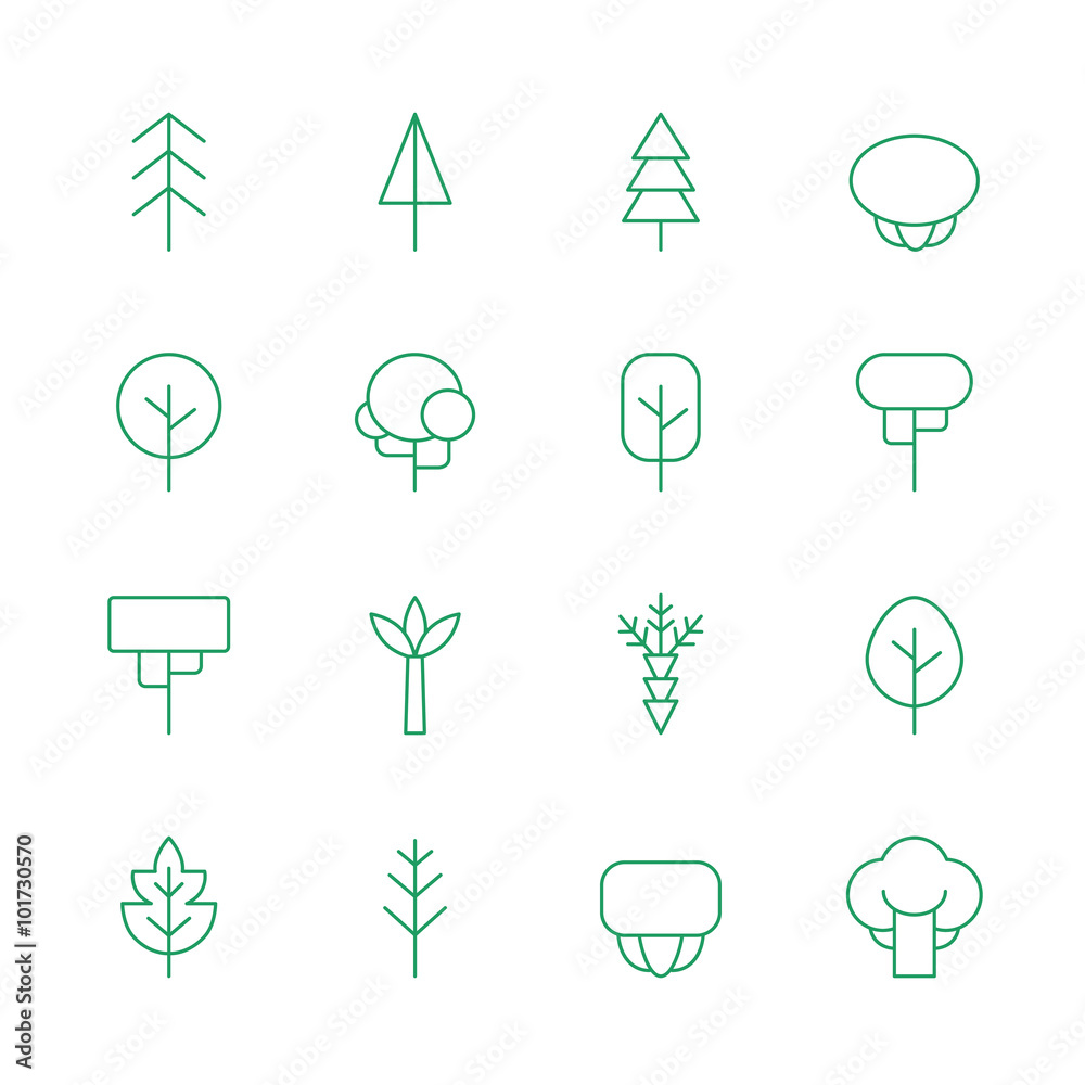Trees outline green vector icons set. Modern minimalistic design.