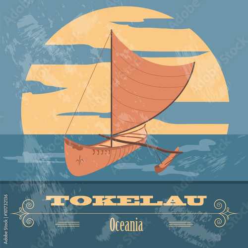 Tokelau. Polynesian canoeing. Retro styled image. Vector illustr