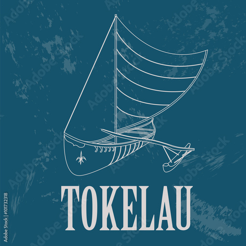 Tokelau. Polynesian canoeing. Retro styled image. Vector illustr