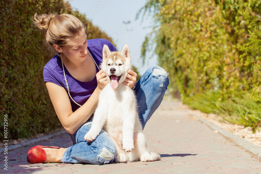 Young girl playing with a dog. Puppy Siberian Husky.