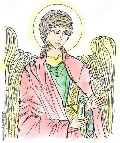 Byzantine icon style drawing of the Angel, colored with abstract watercolor.