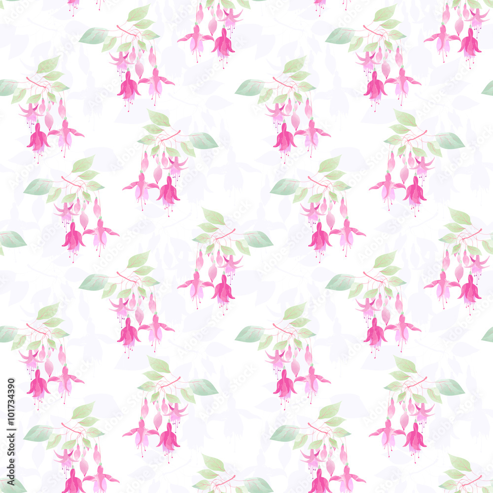 Fuchsia flowers seamless floral pattern on white background