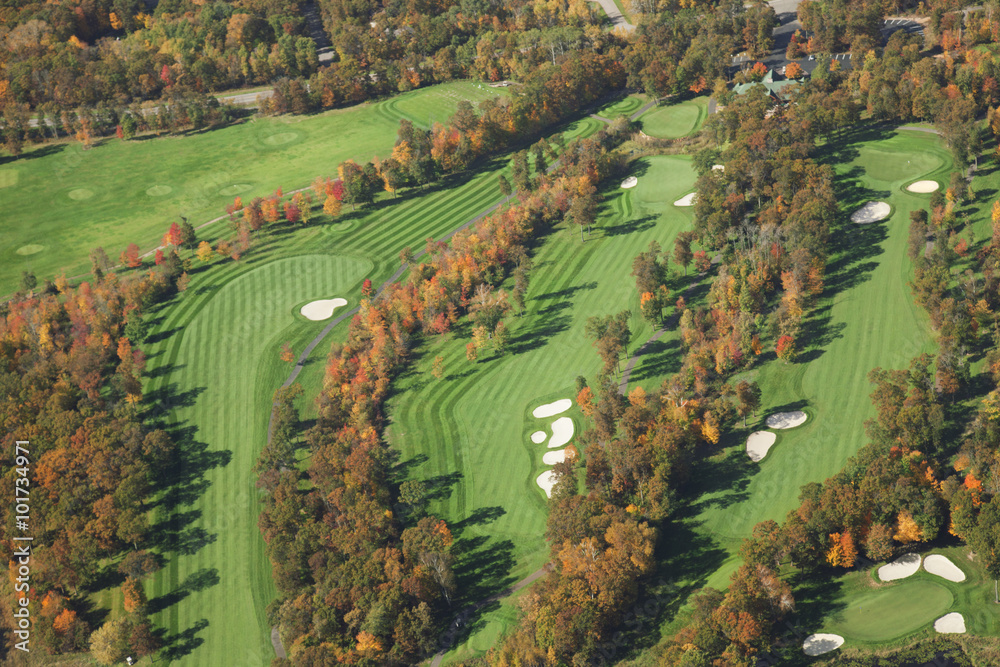 Aerial view of golf course in autumn