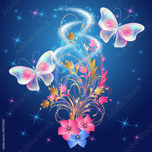 Fototapeta Transparent butterflies with golden ornament and glowing firewor