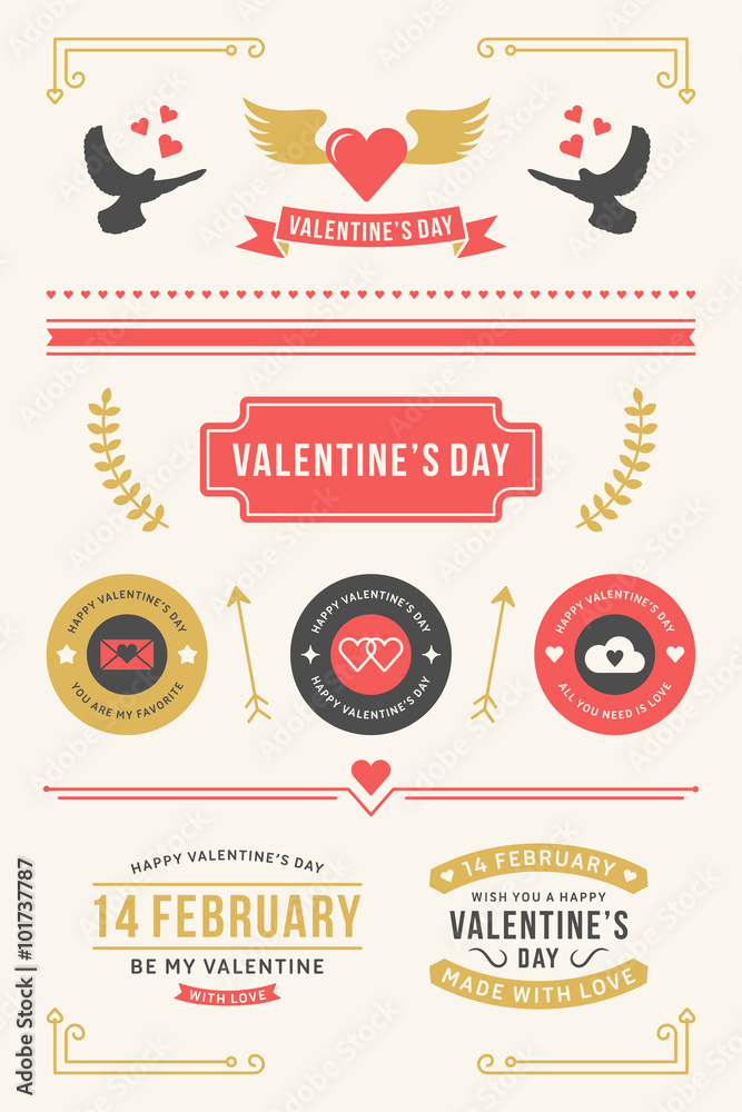 Valentines Day Set. Labels, Badges, Frames, Borders and Other Decorative Elements. Vector Illustration