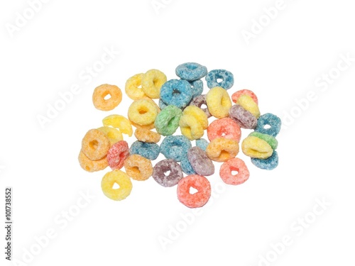 Fruit flavored breakfast cereal on white background.