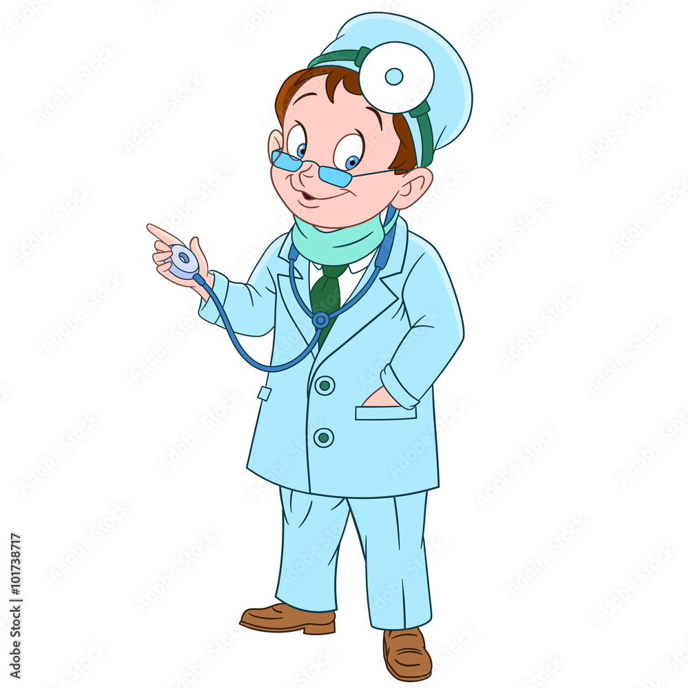 cute and friendly cartoon man doctor (physician, otolaryngologist) with glasses and medical mask smiling while examining using his stethoscope, isolated on a white background cute and friendly cartoon man doctor (physician, otolaryngologist) with glasses and medical mask smiling while examining using his stethoscope, isolated on a white background