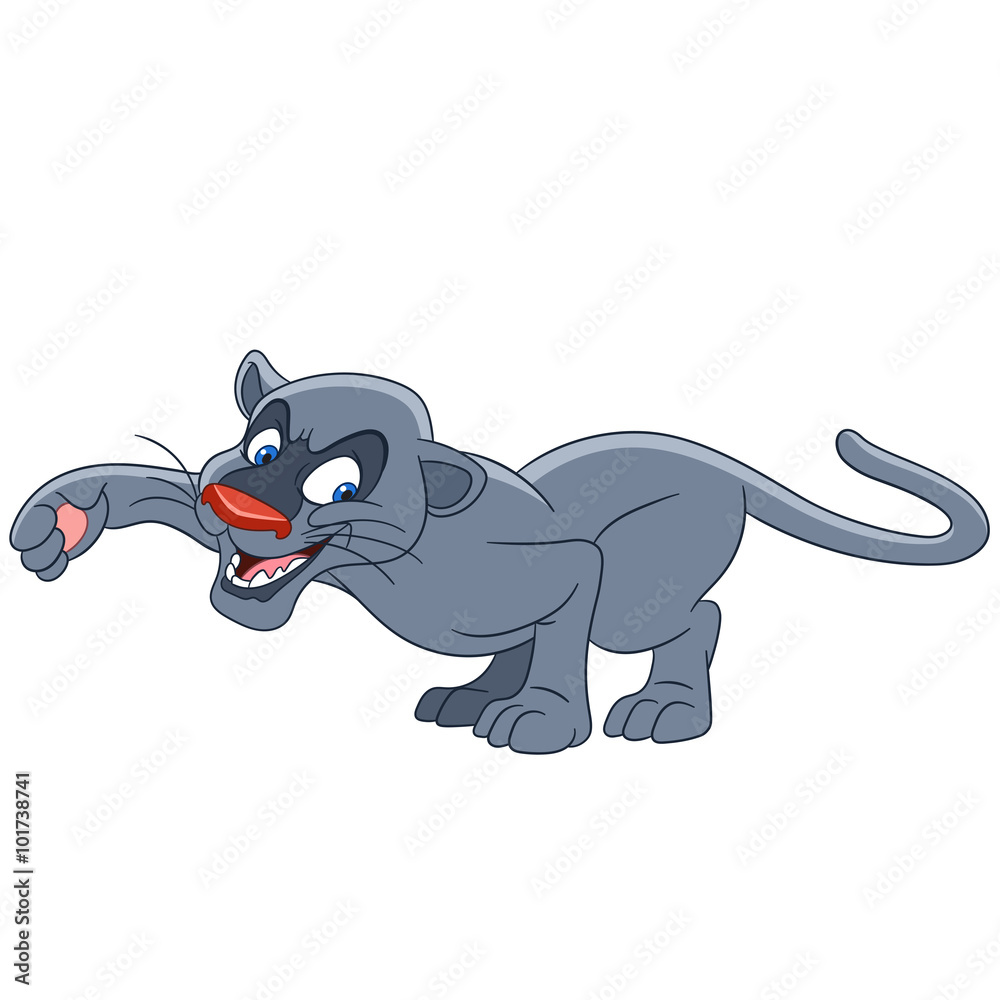 Fototapeta premium cute and lovely cartoon panther prowling to catch something to eat, isolated on a white background