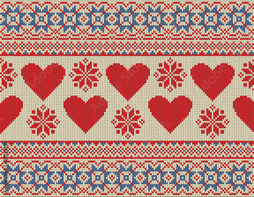 Seamless pattern on the theme of Valentine's Day with an image of the Norwegian patterns and hearts. Wool knitted texture