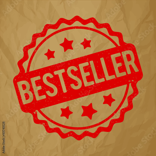 Bestseller rubber stamp red on a crumpled paper brown background.