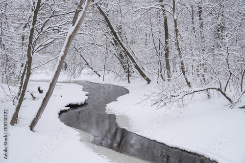 Waukau Creek winds through a winter wonderland of fresh snow.  Winnebago County, Wisconsin