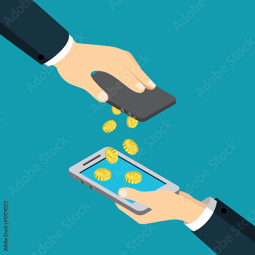 Mobile payment money transfer transaction flat isometric vector