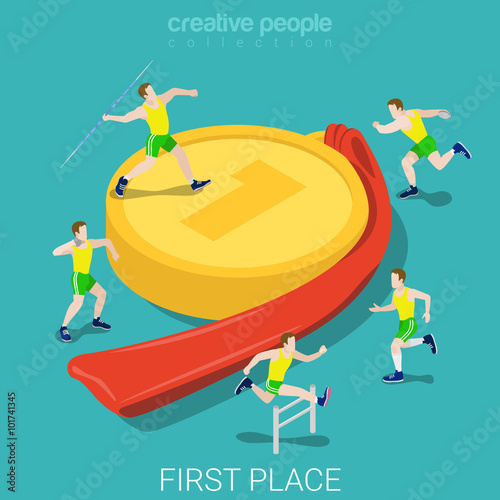 First place win pedestal gold medal flat isometric vector 3d