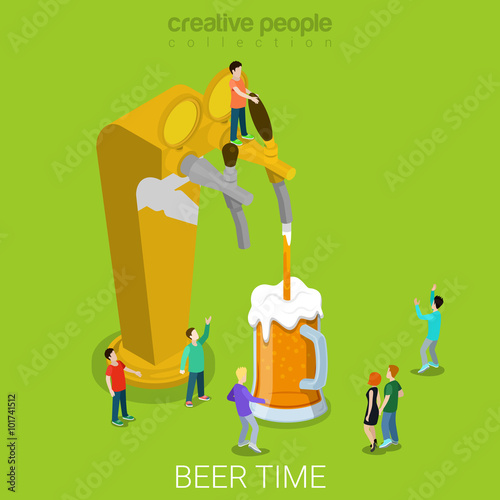 Beer pour machine pouring glass flat isometric vector 3d