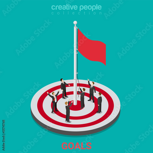 Goal achievement flag rising aim target flat isometric vector 3d