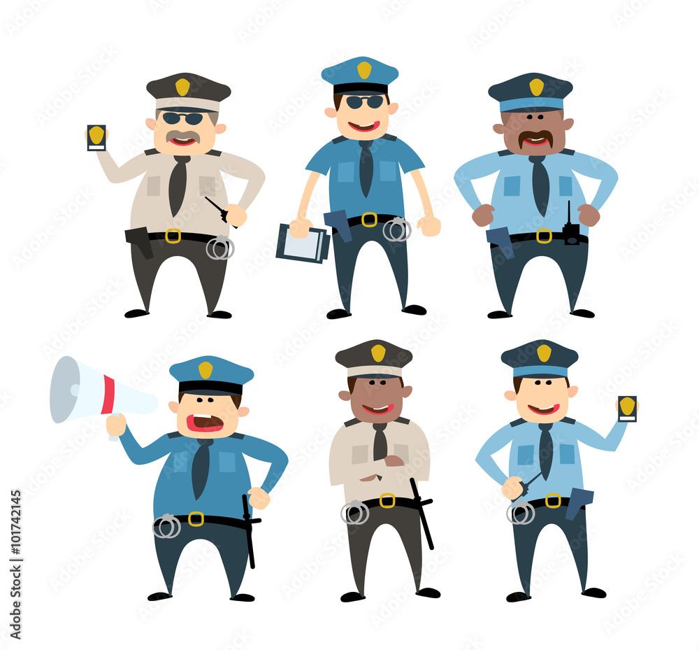 cartoon police man set. isolated on white background