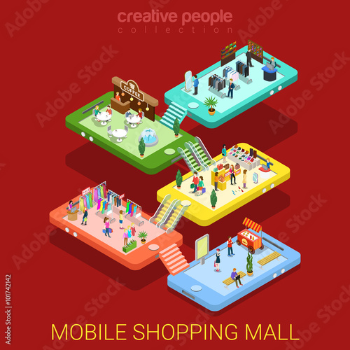 Mobile shopping mall interior sale store flat isometric vector