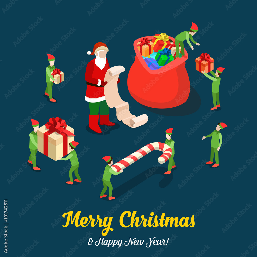 Naklejka premium Santa gift trolls Christmas flat isometric vector winter holiday
