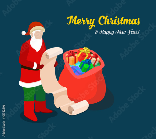 Santa present gift wish list Christmas flat isometric vector 3d