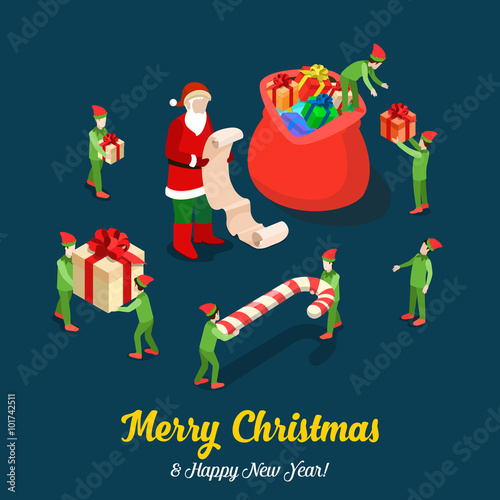 Santa gift trolls Christmas flat isometric vector winter holiday