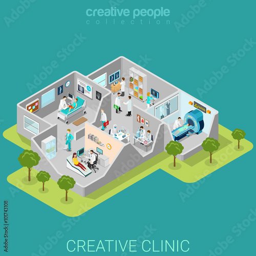 Hospital clinic interior rooms medical flat isometric vector 3d