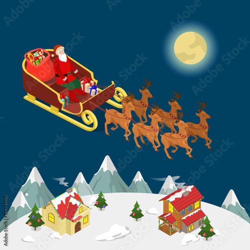 Santa Claus gifts reindeer sledges sky flat isometric vector 3d