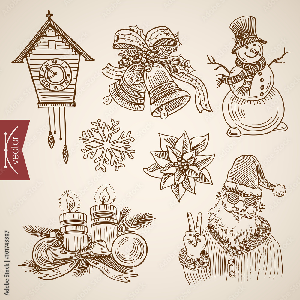 Ταπετσαρία Christmas New Year handdrawn santa funny snowman retro vector