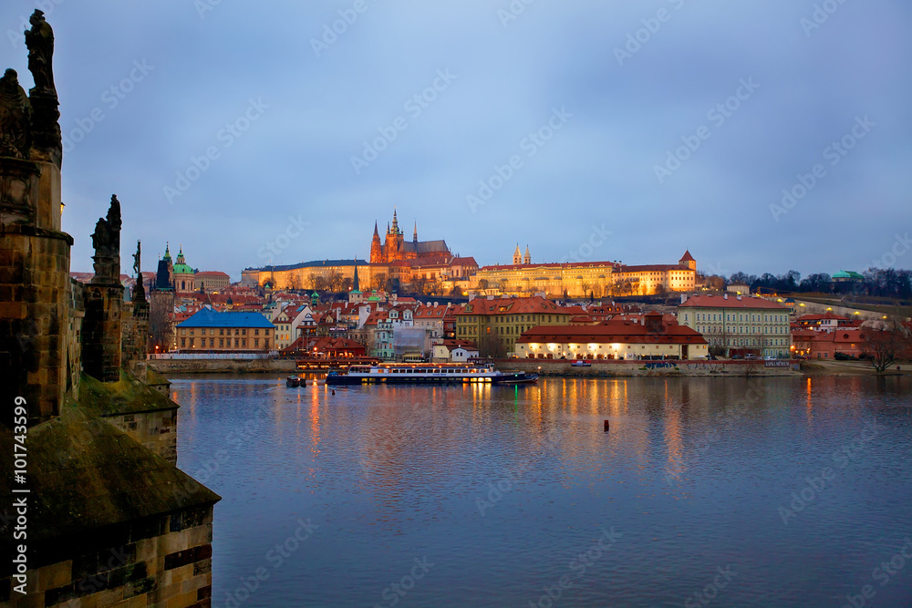 Prague St. Vitus Cathedral and Mala Strana at evening over Vltava river