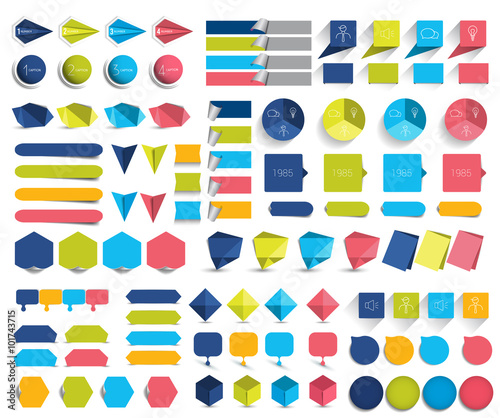 Mega set of infographics flat design elements, schemes, charts, buttons, speech bubbles, stickers. Vector illustration.