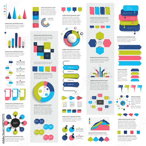 Mega set of infographics elements charts, graphs, circle charts, diagrams, speech bubbles. Flat and 3D design. Vector.