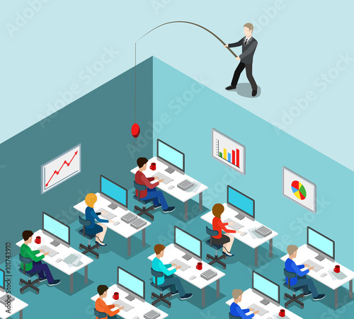 Head hunting HR fishing office business flat isometric vector 3d