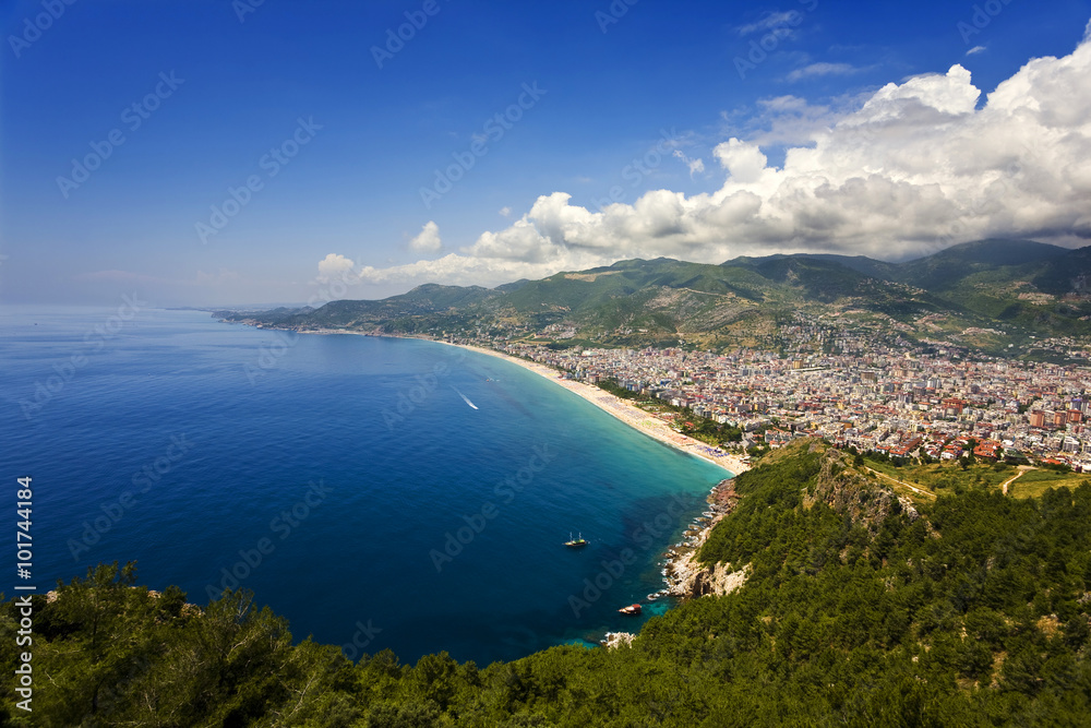 Turkey. Alanya. Aerial view from the Citadel of Alanya on west  part of modern city with a famoust Cleopatra Beach