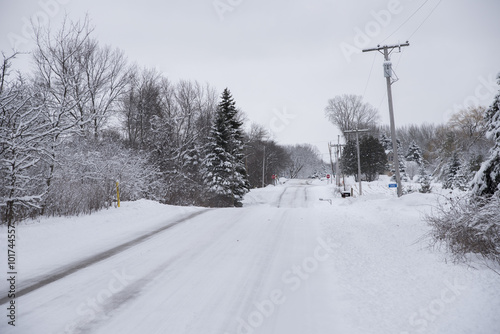 A recently plowed country road after a snowstorm.  Snow sticks to the tree branches in this winter scene.
