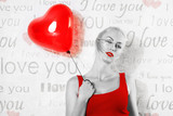 valentine girl with balloon in BW image