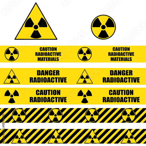 Radioactive signs and seamless warning tapes set.