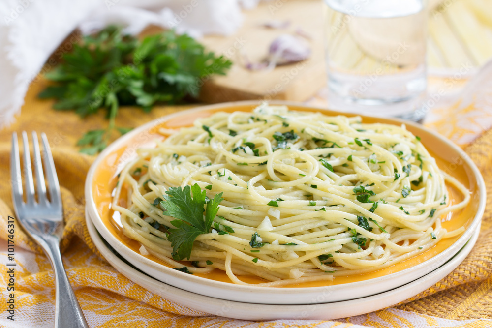 Traditional Italian pasta with garlic and parsley Traditional Italian pasta with garlic and parsley