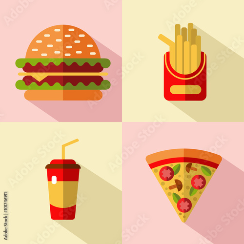 Vector flat style icons set of fast food, junk food with long shadow. Hamburger, french fries, soda and slice of pizza.