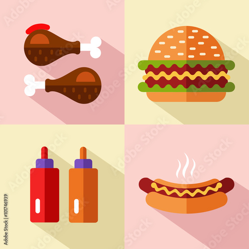 Vector flat style icons set of fast food, junk food with long shadow. Hamburger or cheeseburger, chicken legs, ketchup and mustard, hot dog.