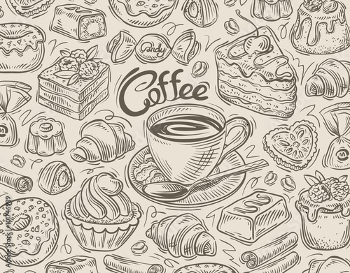 vector hand drawn dessert, coffee sketch and food doodle
