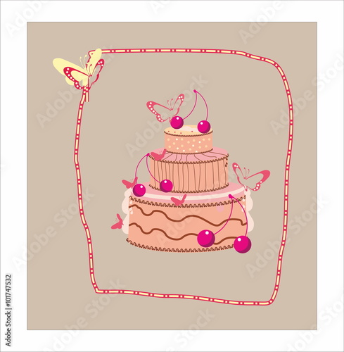 Decorative cake with cherry and butterfly 